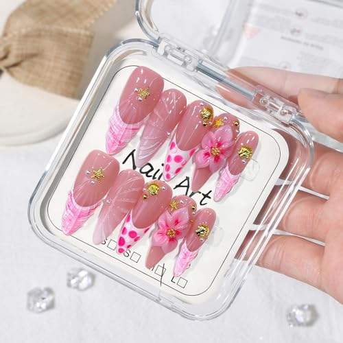 MOGOXION Handmade Long Stilettos Acrylic Press On Nails 3D Flowers Shell Design - Size M, 10 Pcs (Variation: Handmade Long Stilettos03)