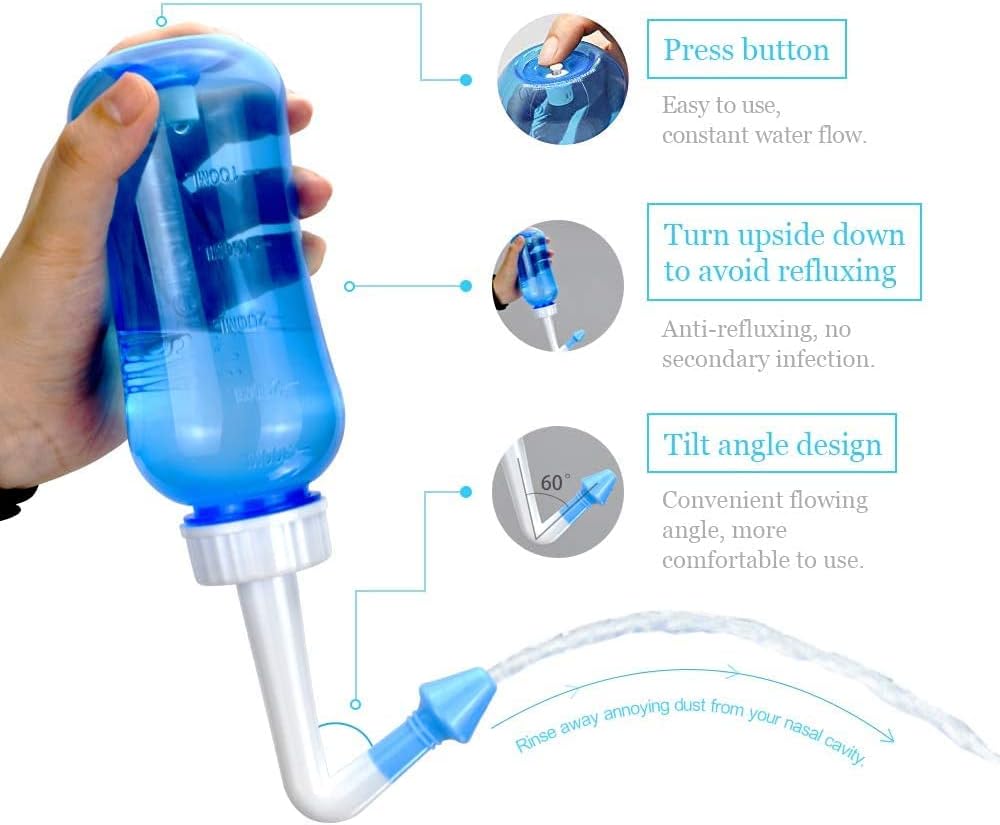 Neti Pot for Sinus Rinsing - Nasal Wash Bottle with Thermometer & 30 Salt Packets | 300ml, Blue