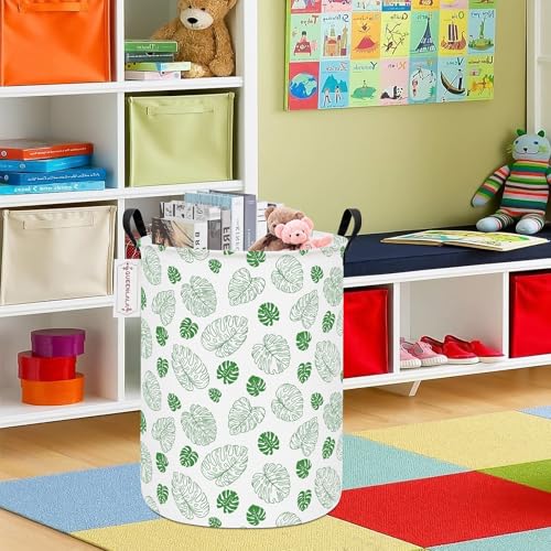 QUEENLALA Large Foldable Round Storage Basket - Waterproof, Green Leaf