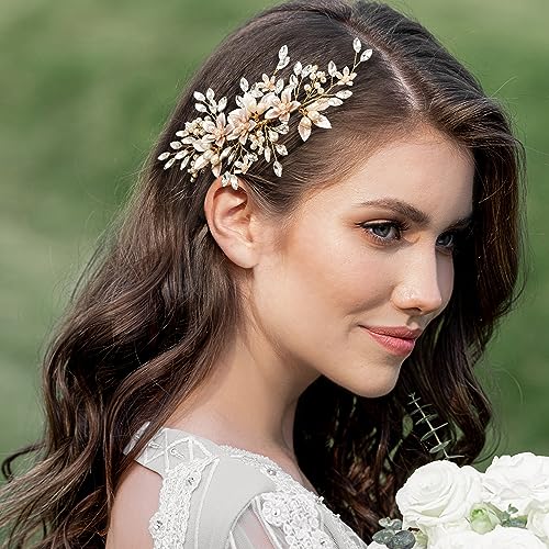 SWEETV Gold Pearl Flower Bridal Hair Comb - Handmade Wedding Accessory