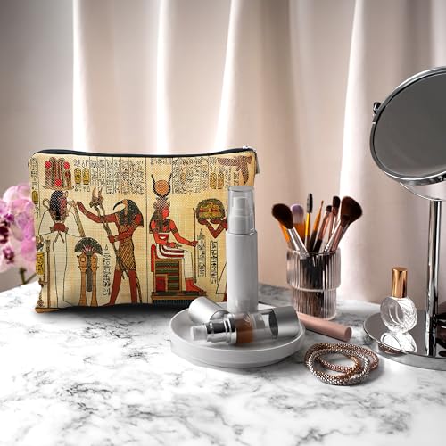 Egyptian Makeup Bag - Linen Cosmetic Travel Pouch with Hieroglyphs