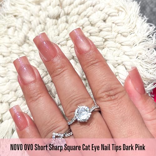 Short Sharp Square Cat Eye Nail Tips 150Pcs Dark Pink Gel-X Full Cover Fake Nails