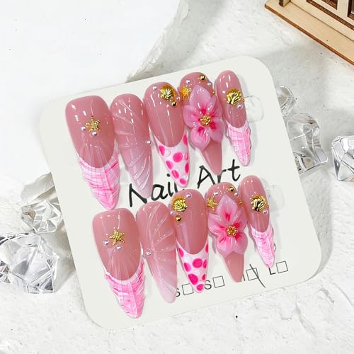 MOGOXION Handmade Long Stilettos Acrylic Press On Nails 3D Flowers Shell Design - Size M, 10 Pcs (Variation: Handmade Long Stilettos03)