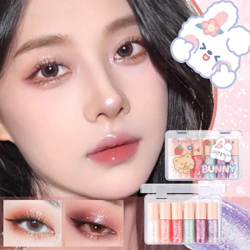 MooGlamor 6 Pcs Liquid Glitter Eyeshadow Set Waterproof Long-Lasting Transparent Bear