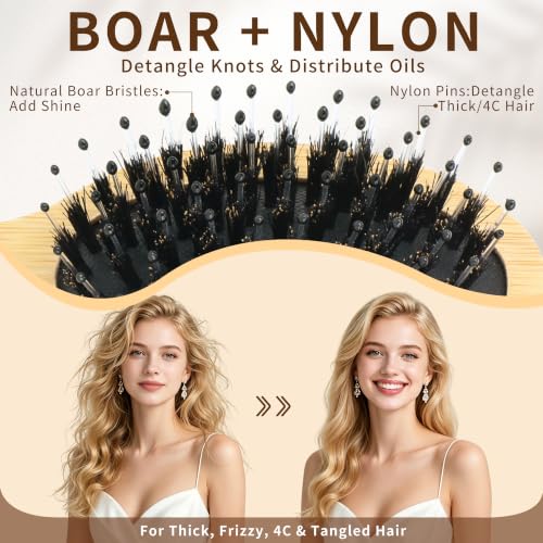 Mini Bamboo Hair Brush Set - 2 Pack Travel Detangling & Boar Bristle Comb for Women Men Kids