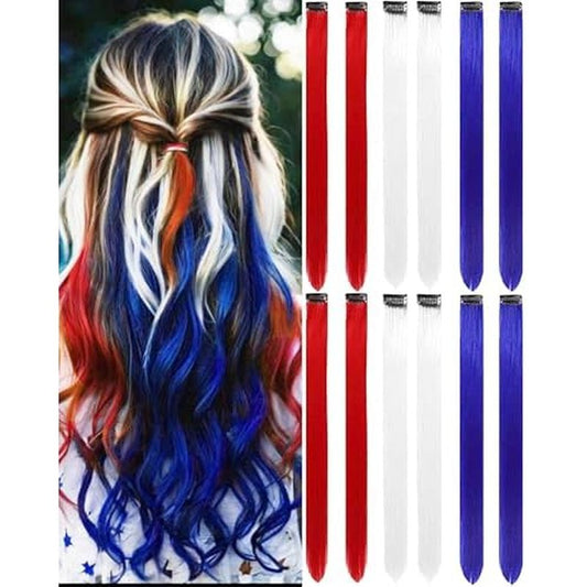12 PCS Red White Blue Clip-In Straight Hair Extensions, 22 Inch Colored Party Synthetic Neon Highlights, Rainbow Hair Accessories for Women