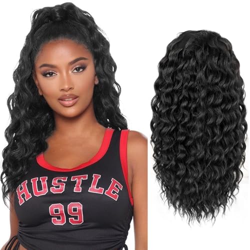 HYJ 18-Inch Curly Drawstring Ponytail Extension - Natural Black Hairpiece