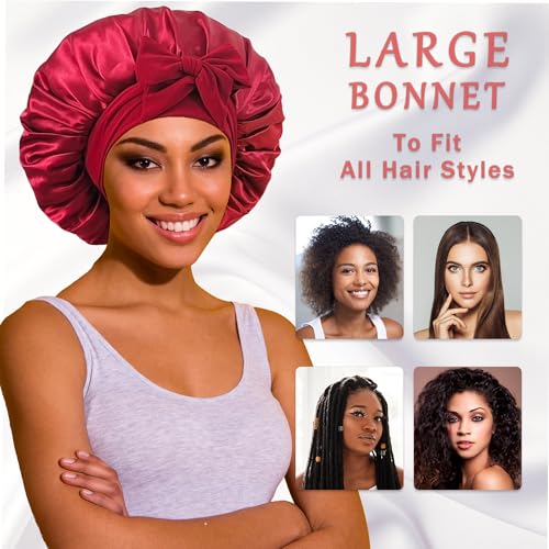 ROYBENS Satin Bonnet with Tie (Set C) - Reversible Silk Sleep Cap for Women, Extra Large