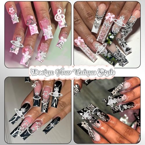 BELICEY 2 Boxes 3D Nail Charms & Silver Pearls Assorted Kit – Stars, Cross, Planet, Saturn Charms