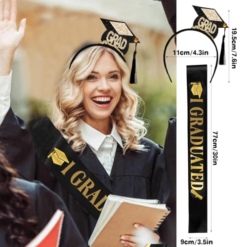 Graduation Headband and Black Satin Sash Set for Commencement Ceremony