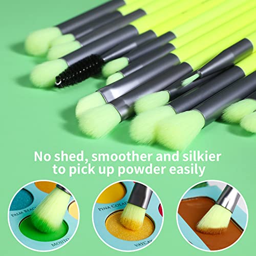 docolor Neon Green Eyeshadow Brush Set 15Pcs – Makeup Tools for Eye Shading & Blending