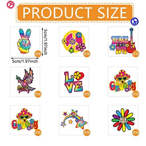 Chinco 144 Pcs Hippie Temporary Tattoo Stickers for 70s 80s 90s Party Favors