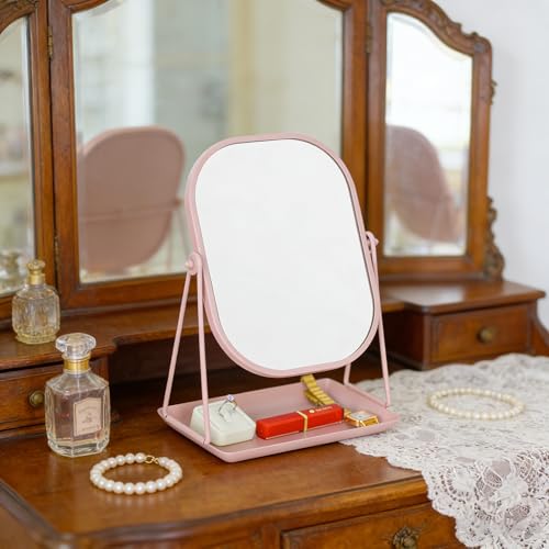 Pink Rotating Metal Makeup Mirror with Storage - 360° Swivel Vanity Mirror
