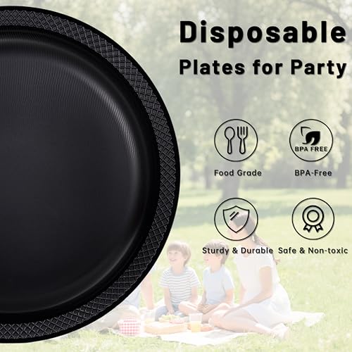 WELLIFE 7 Inch Black Plastic Plates - 50 Count Disposable Dinner Plates