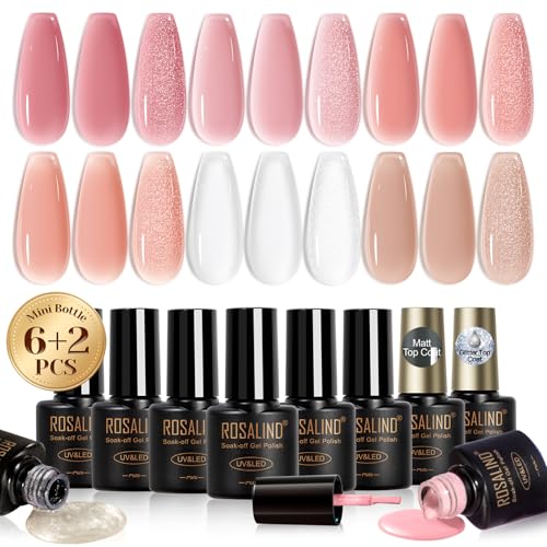 ROSALIND Jelly Pink Base Color Gel Polish Set with Sheer Nude & Sparkle Pink, 6 Colors + 2 Top Coats