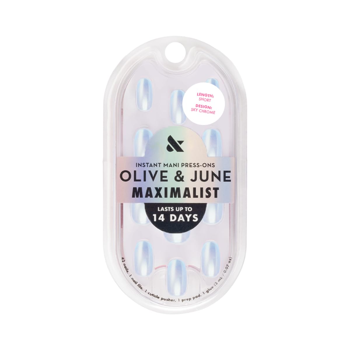 Maximalist Press-On Nails - Non-Toxic, Long-Lasting, Salon-Quality | 42 Fake Nails in 21 Sizes - Short Round Sky Chrome