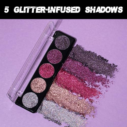 Profusion Cosmetics Amethyst Gems Glitter Eyeshadow Palette - 5 Vibrant Shades, Built-In Primer, Vegan & Cruelty-Free