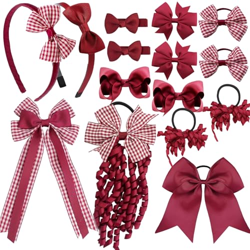 15-Pack Maroon & White Hair Bows Set for Toddlers & Teens