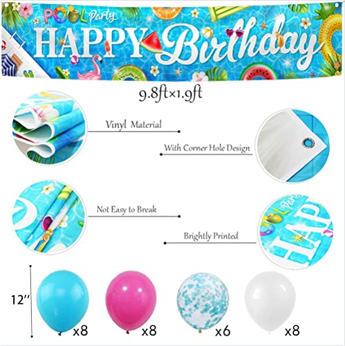 Hawaiian Happy Birthday Pool Party Banner with 30 Balloons - 9.8ft