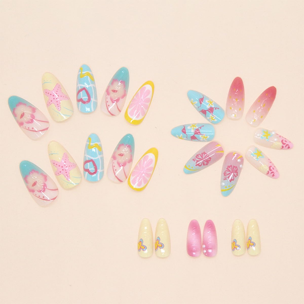 24Pcs Summer Press on Nails Medium Almond Fake Nails with 3D Tropical Fruit Flower Starfish Design Marine Ocean Beach False Nails Cute Glue on Nails for Women Acrylic Manicure Decoration Accessories