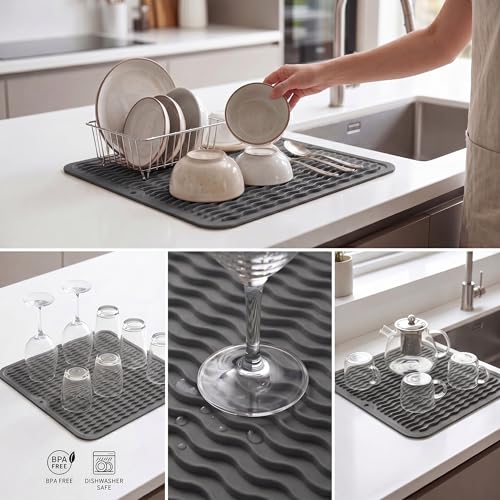 MicoYang Silicone Dish Drying Mat - Heat-Resistant & Eco-Friendly, 12x12 in Grey