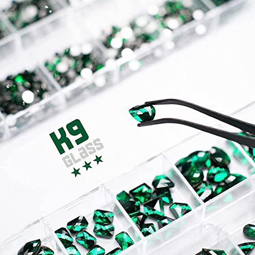 qiipii Emerald Green Nail Rhinestones 3 Boxes Multi-Shapes 240pcs Nail Art Crystals