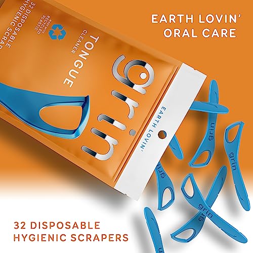 Grin Disposable Tongue Scrapers - 32 Count Pack of 3 for Fresh Breath