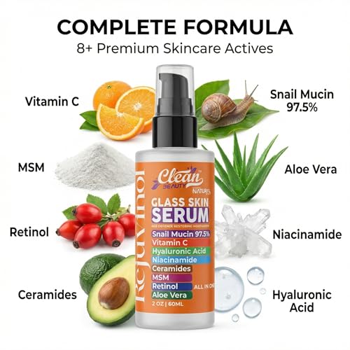 Clean Beauty 2oz Snail Mucin & Vitamin C Face Serum Anti-Aging with Hyaluronic Acid