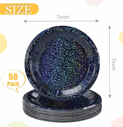 SietDESEO 50 Pack Iridescent Black 7-Inch Paper Plates for Parties
