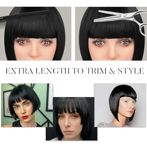 Lumitressa Black 12 Inch Bob Wig with Bangs for Women - Adjustable Fit, Synthetic Hair, Trendy Short Style