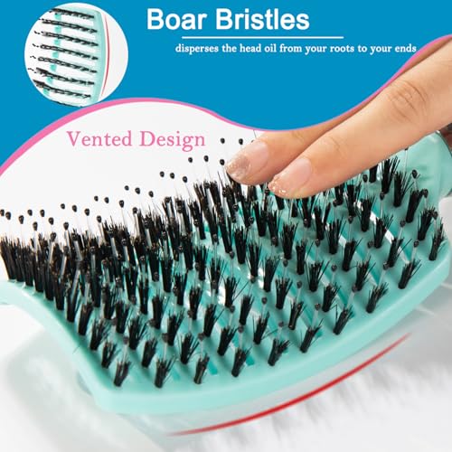 Boar Bristle Hair Brush Set for Fine, Thick, Curly Hair - Curved & Vented Detangler for Men, Women, Kids