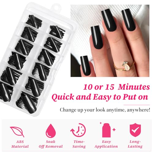 Black Square Glossy Press-On Nails - 120pc Full Cover Ballerina Tips