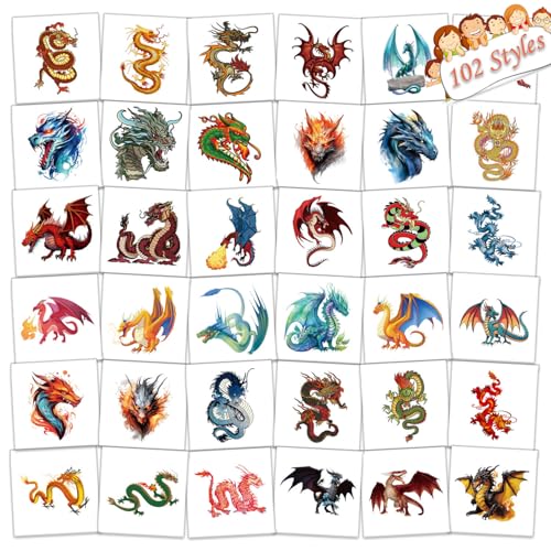 102 Pack Dragon Temporary Tattoos for Kids - Fun Birthday Party Supplies