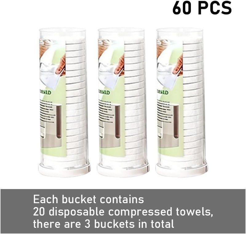 Disposable Compressed Face Towels - 60 Pcs Towel Refills for Hot Towel Heater | 3 Buckets, 20 Pcs Each
