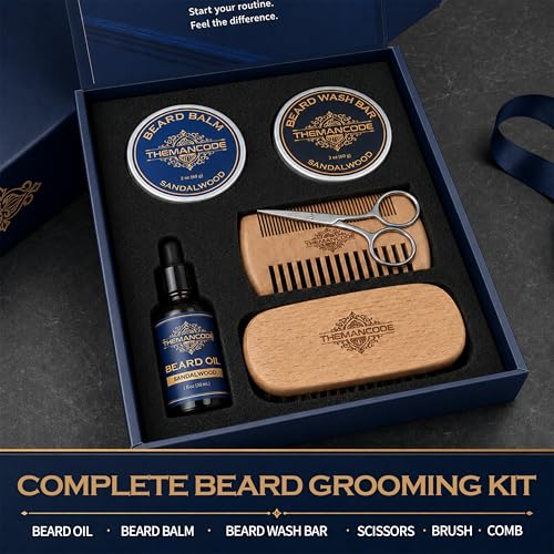 THEMANCODE Beard Grooming Kit for Men, Fathers Day Gift for Dad and Husband, Sandalwood Beard Care Kit with Oil, Balm, Wash Bar, Brush, Comb and Scissors