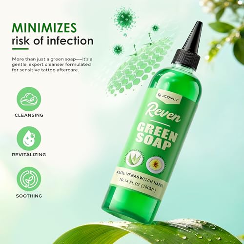 Jconly 16.9oz Alcohol-Free Green Tattoo Soap with Witch Hazel & Aloe Vera - Skin Care & Ink Removal Solution, Foaming Bottle Included