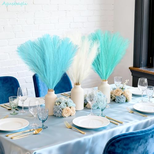 30pcs Light Blue Faux Pampas Grass Decor - 21.5in Artificial Vase Filler