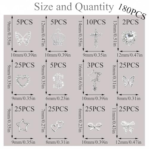 Silver Nail Charms 180pcs 12 Styles Y2K Crystal Star Butterfly Crown Bling