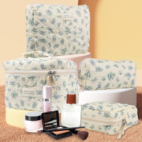 VIWIME 203-Blue Rose Large Quilted Makeup Bag, Cotton Cosmetic Toiletry Organizer