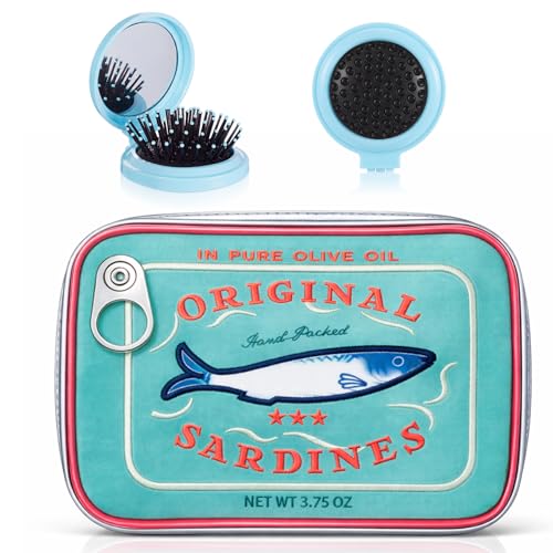 Reginary Blue Sardine Design Makeup Bag with Folding Mirror & Brush, Compact & Waterproof