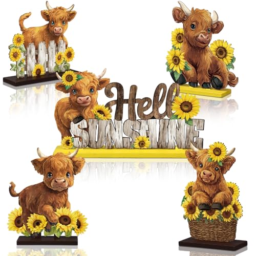Highland Cow Wooden Table Decorations - 5 Pcs Rustic Signs