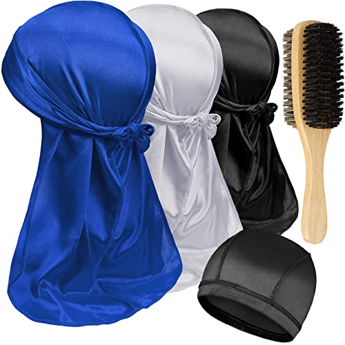 DURALA 3PCS Satin Durags with Double Sided Brush for Men Waves - Blue, White, Black
