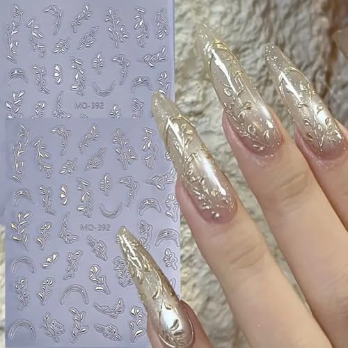 FRUZJAY Gold Silver Leaf Nail Art Stickers 2 Sheets 5D Embossed Leaves for Manicure