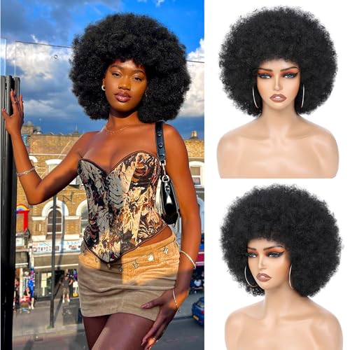 70s Afro Wig for Black Women - Kinky Curly Synthetic Hair (Black)