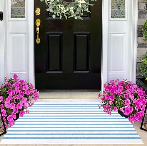 Hand-Woven Cotton Striped Front Door Mat 24"x35" - Washable Rug