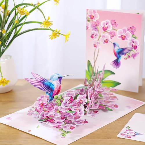 3D Hummingbird Pop-Up Birthday Card for Women - Purple Orchid Design
