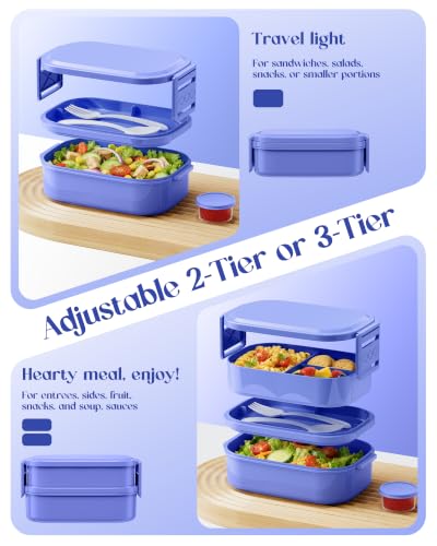 Pure Whimsy 65 oz Adjustable 2/3 Tier Bento Lunch Box - Leakproof, BPA-Free