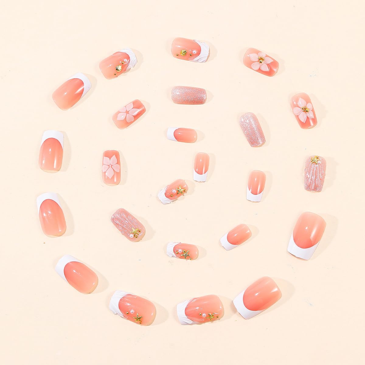 French Tip Press on Nails Medium Square Fake Nails with Golden Pearl Rhinestones 3D Flower Acrylic Nails Starfish Shell Charms Designs Beach False Nails Summer Glue on Nails for Women Manicure 24Pcs