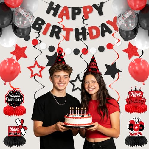 Red & Black Birthday Decoration Set for All Ages - 22 Balloons, Banner, Swirls & More