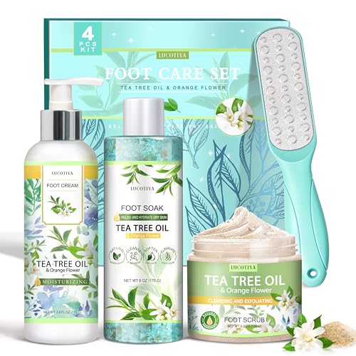 LUCOTIYA Foot Spa Kit - Tea Tree & Orange Flower Soak, Scrub & Cream